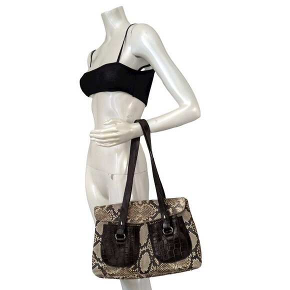 Colombo Via Della Spiga Leather Snakeskin Shoulder Bag Croc Embossed Italy Brown - Picture 3 of 15